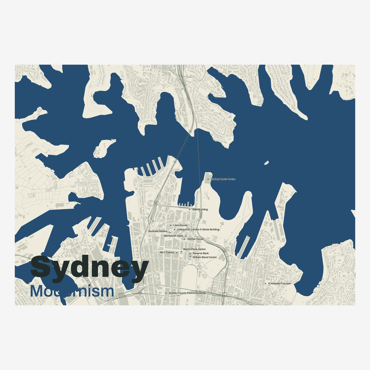 Modernism Sydney Map — Deep Blue — landscape