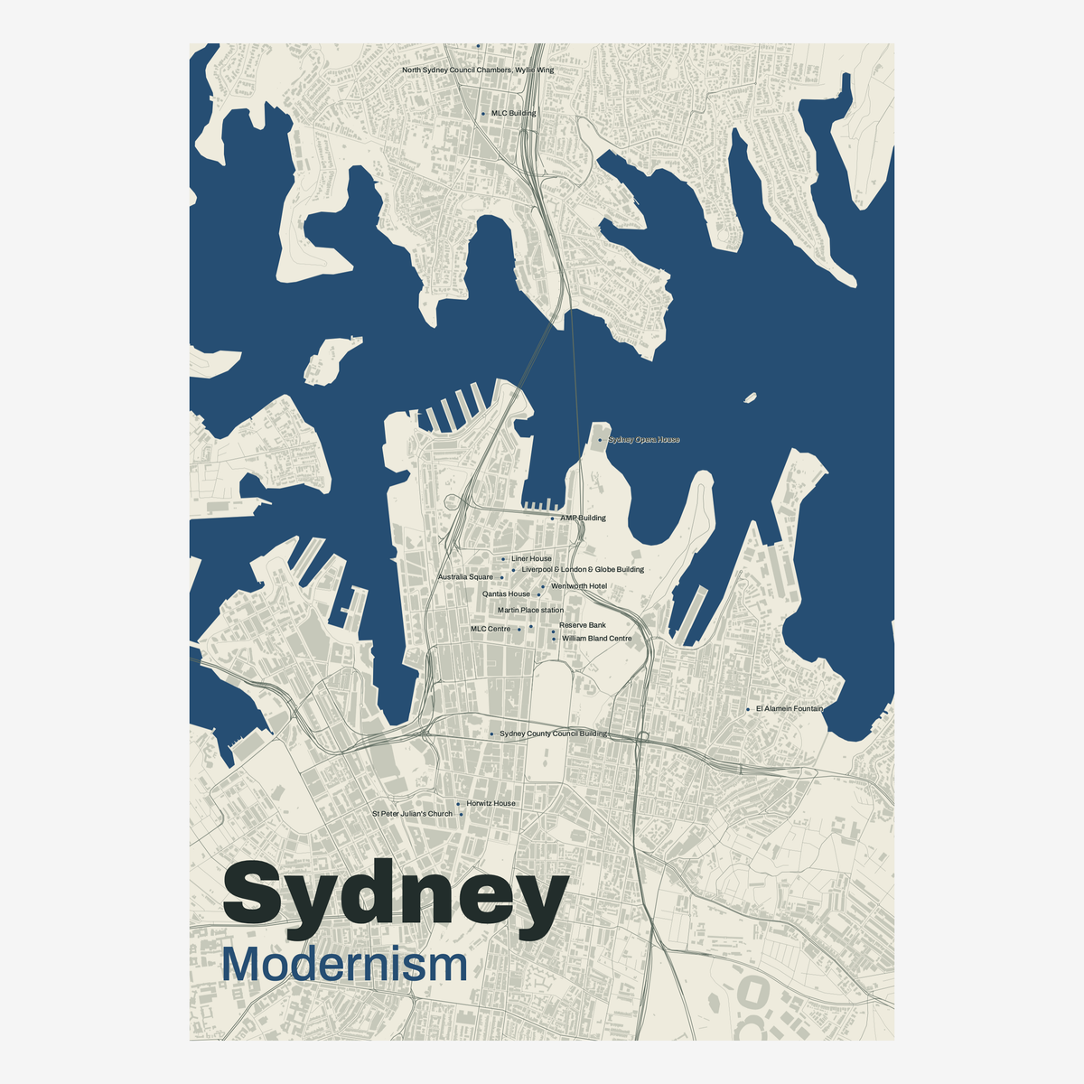 Modernism Sydney Map — Deep Blue — portrait