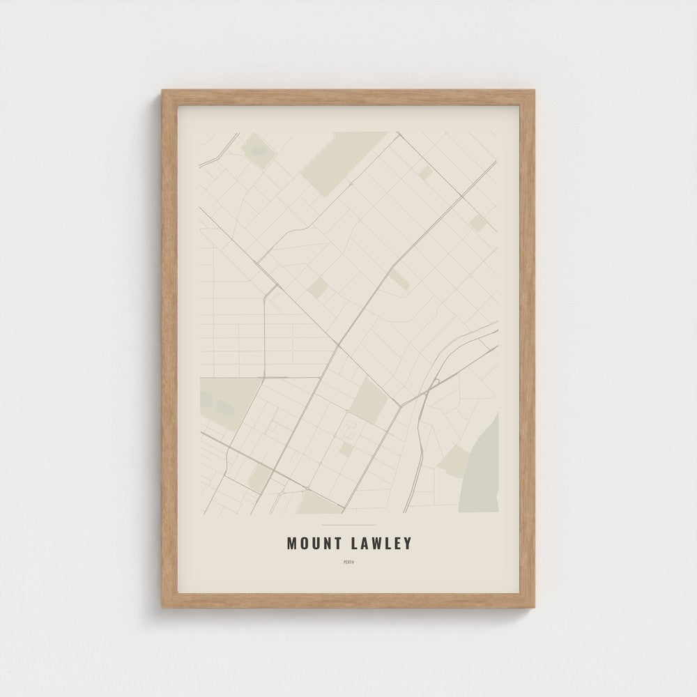 Mount Lawley Map poster in a natural wood frame