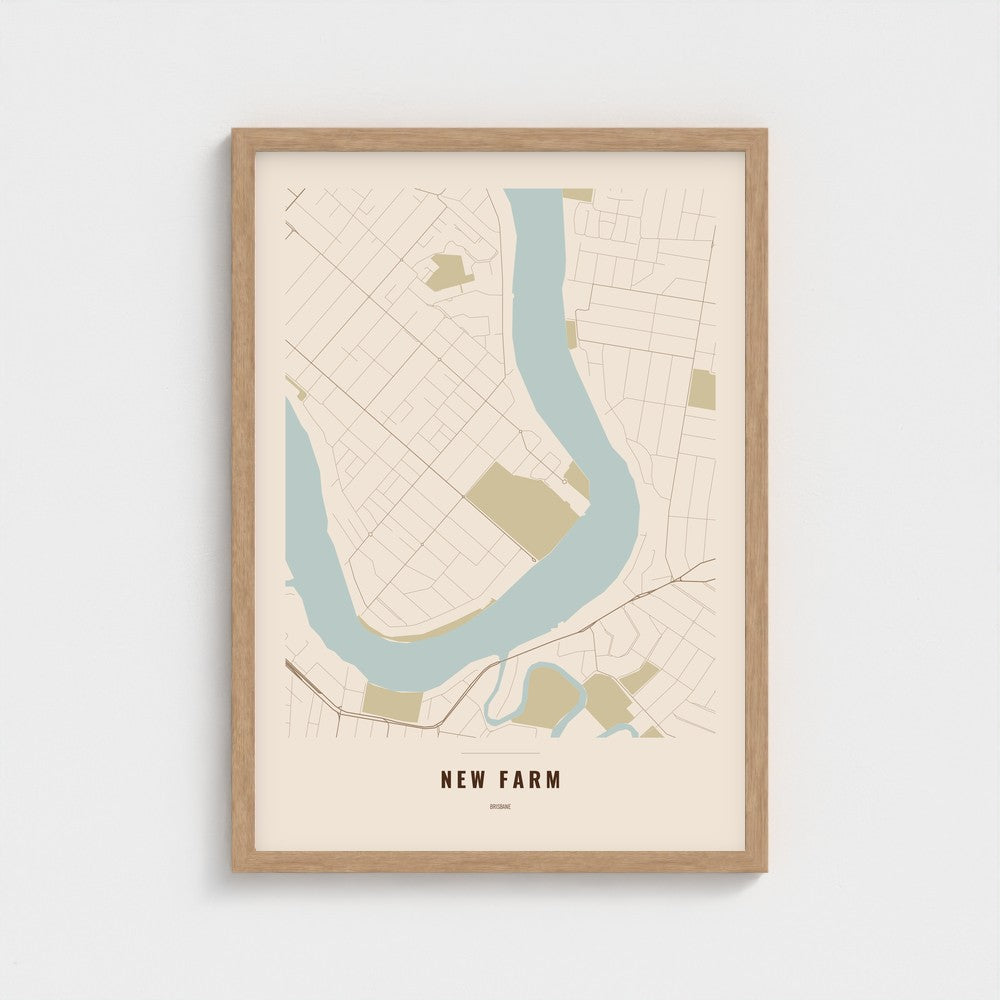 New Farm Map poster in a natural wood frame
