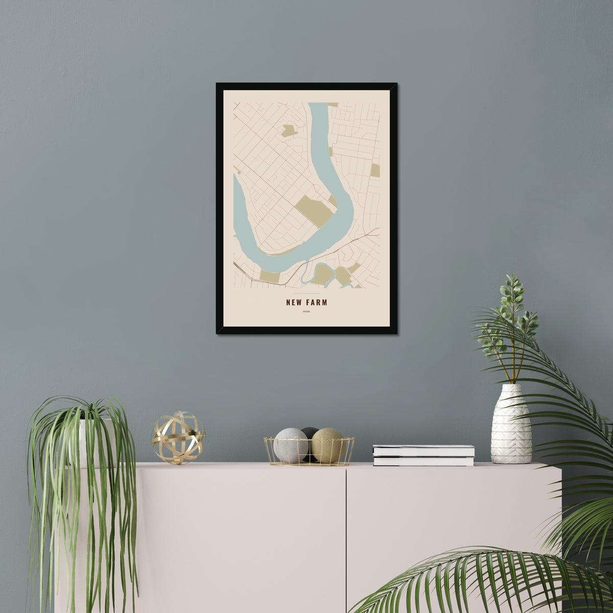 New Farm Map poster in a black frame in a living room