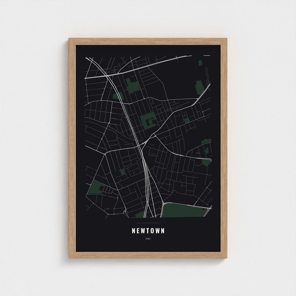 Newtown Map poster in a natural wood frame