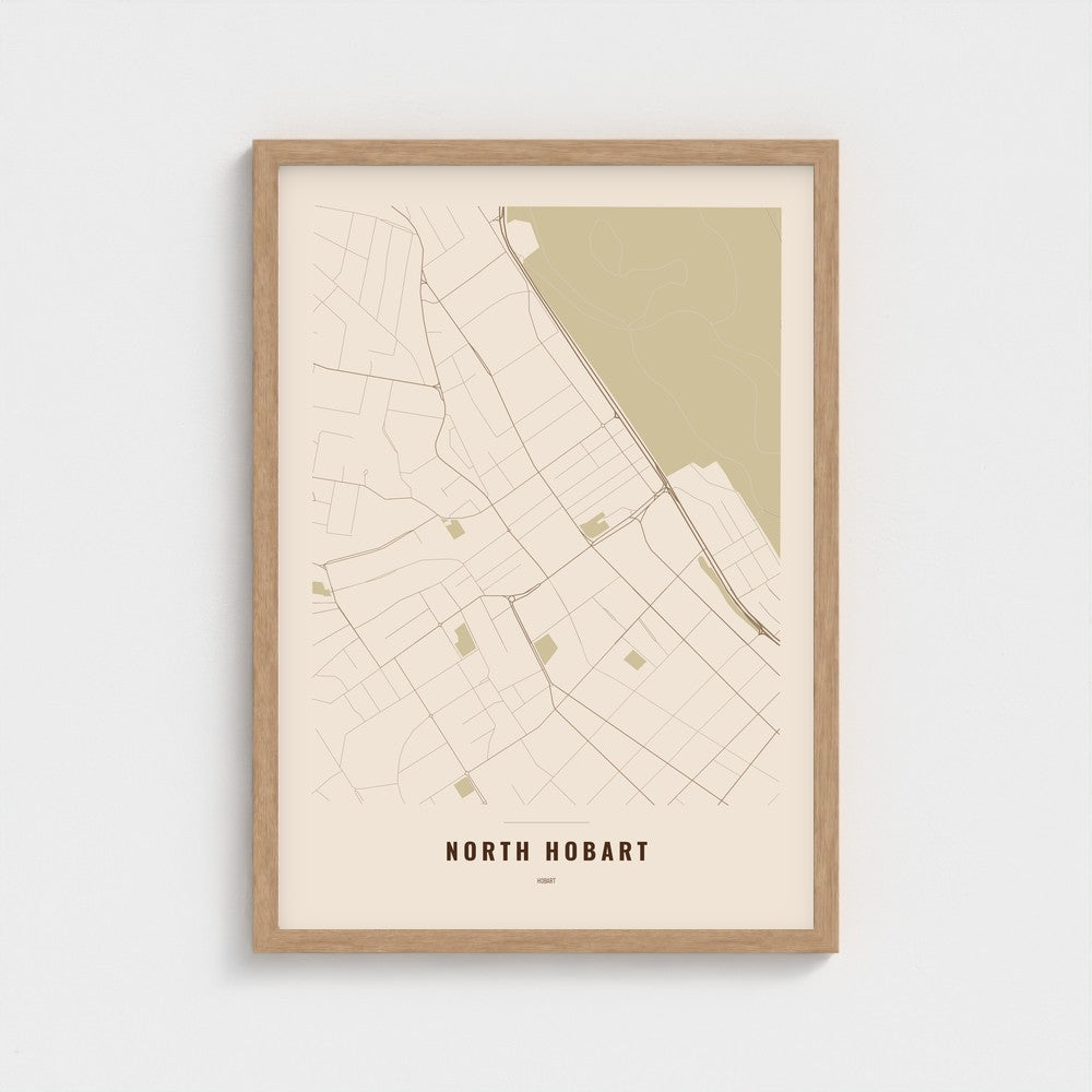 North Hobart Map poster in a natural wood frame