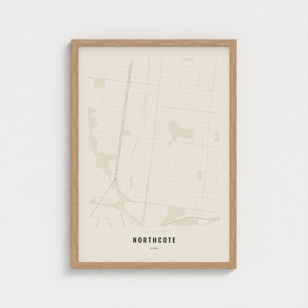 Northcote Map poster in a natural wood frame