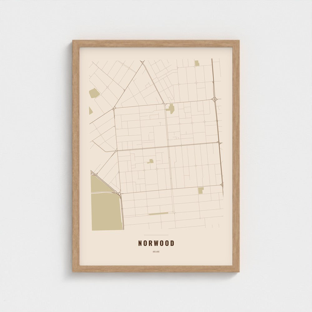 Norwood Map poster in a natural wood frame