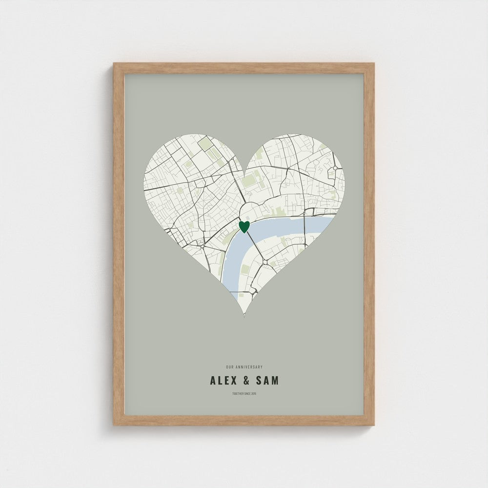 Our Anniversary Map poster in a natural wood frame