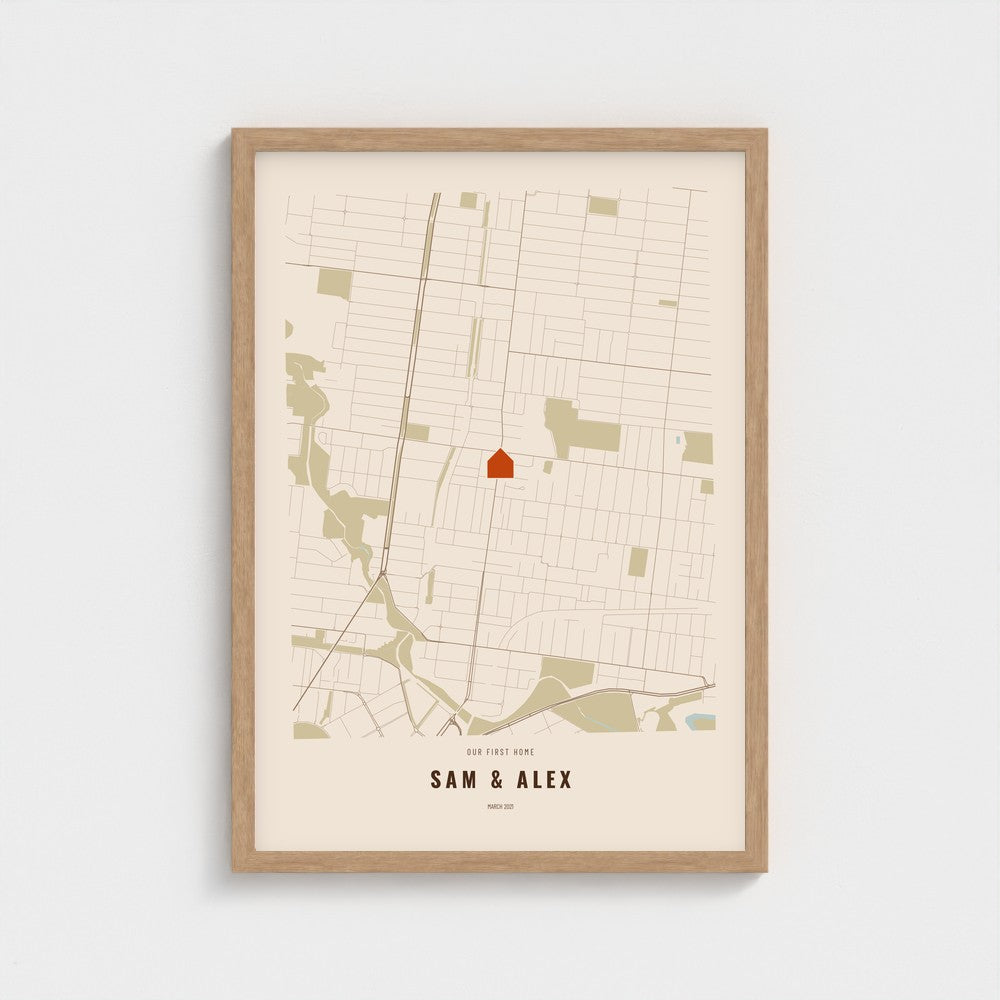 Our First Home Map poster in a natural wood frame