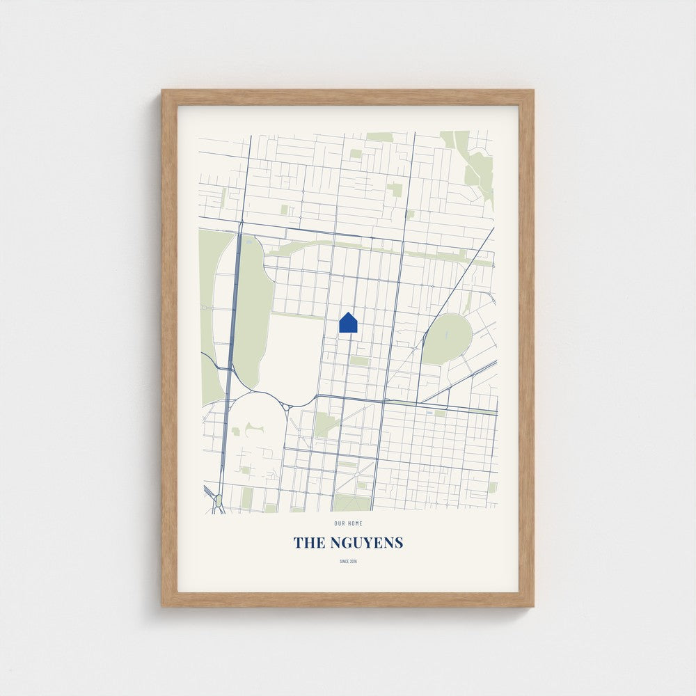 Our Home Map poster in a natural wood frame