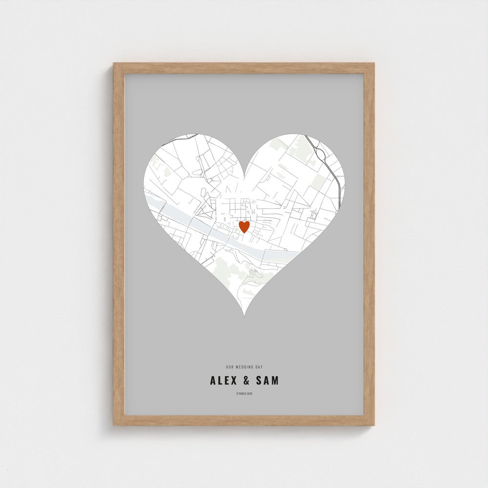 Our Wedding Day Map poster in a natural wood frame