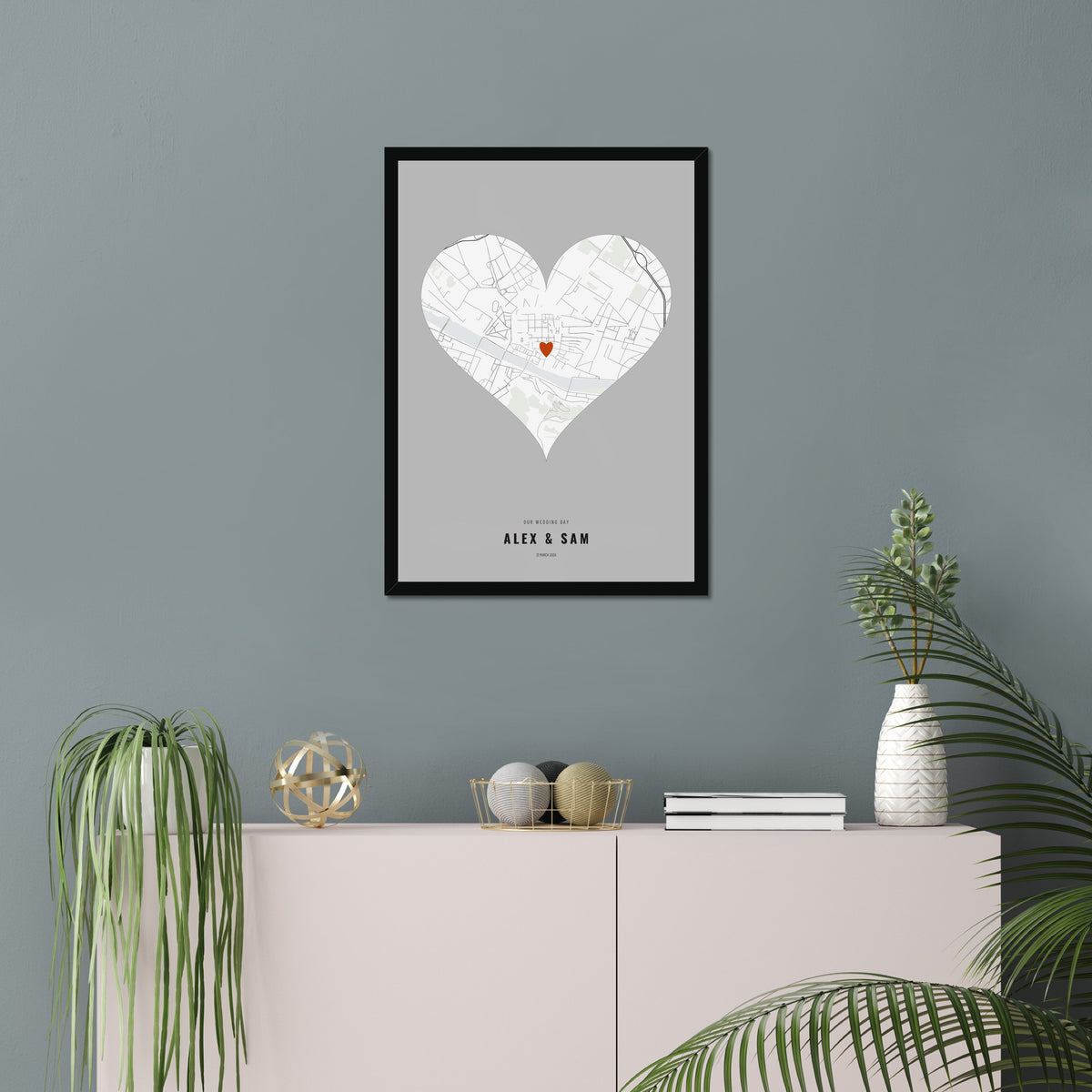 Our Wedding Day Map poster in a black frame in a living room