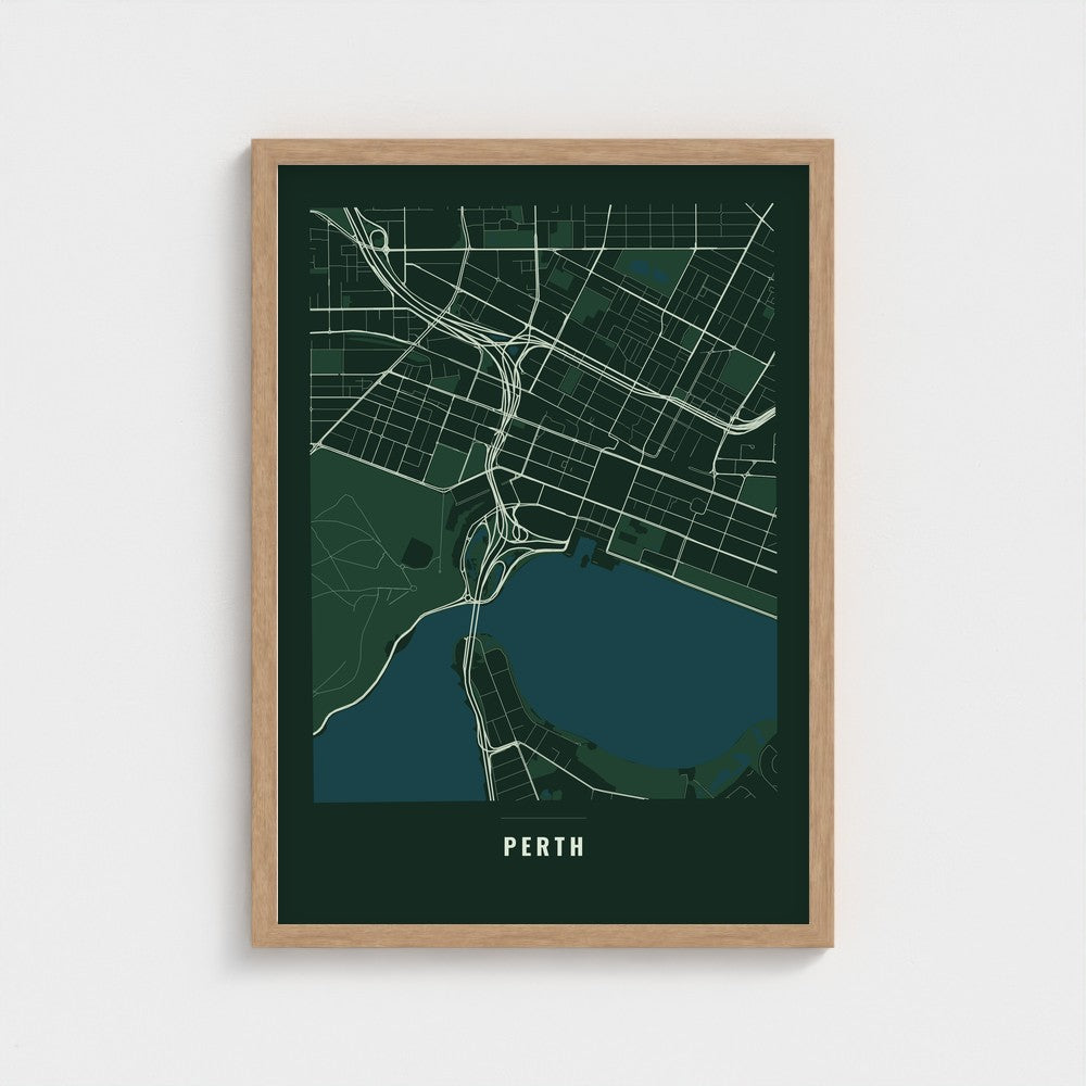 Perth City Map poster in a natural wood frame