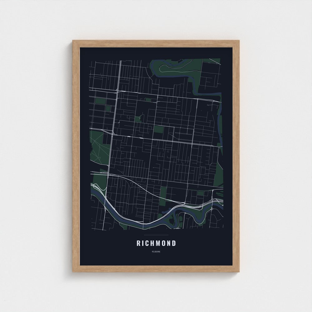 Richmond Map poster in a natural wood frame