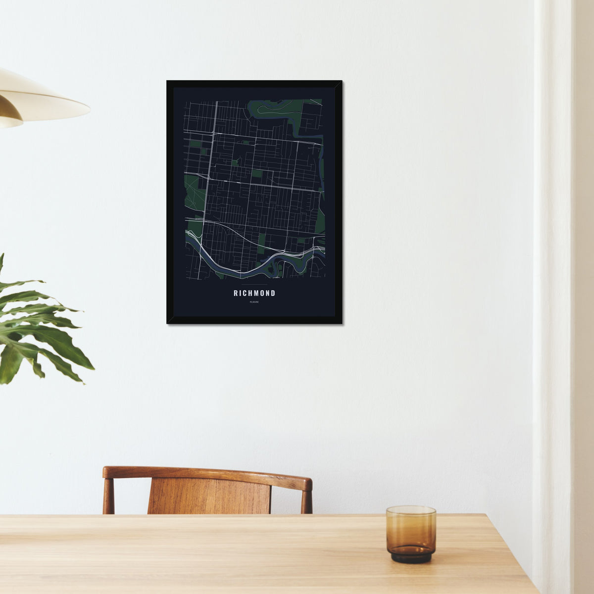 Richmond Map poster in a black frame on a dining room wall