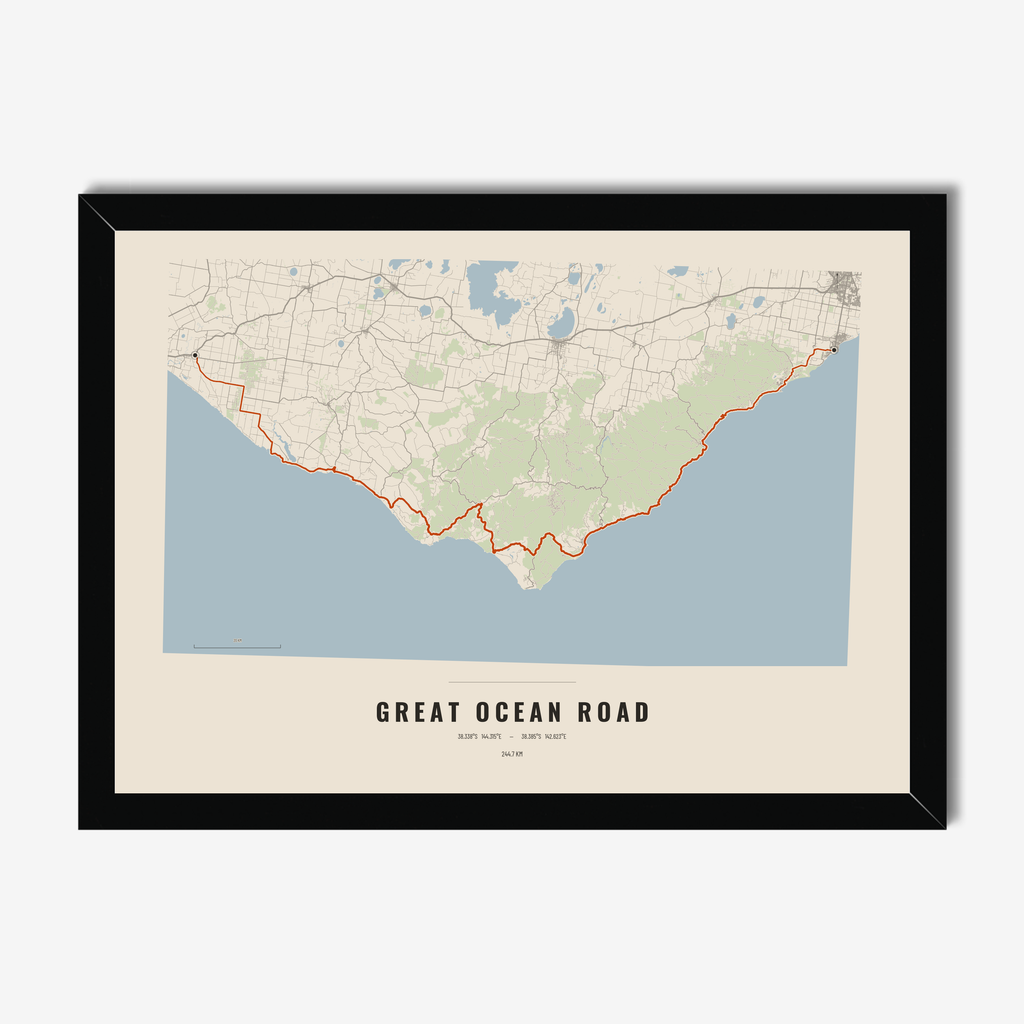 Route Map Poster — Great Ocean Road in a black frame