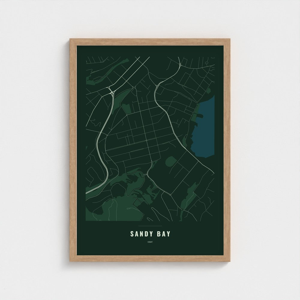 Sandy Bay Map poster in a natural wood frame