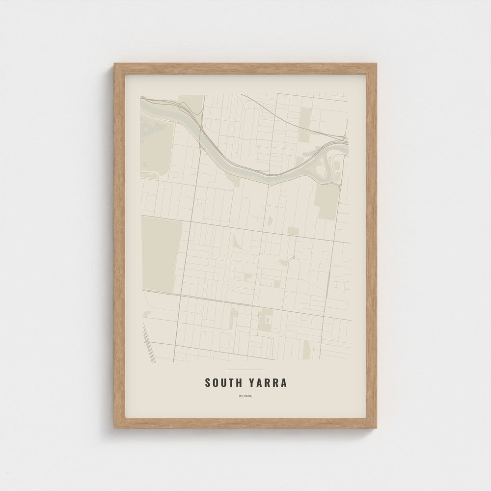 South Yarra Map poster in a natural wood frame
