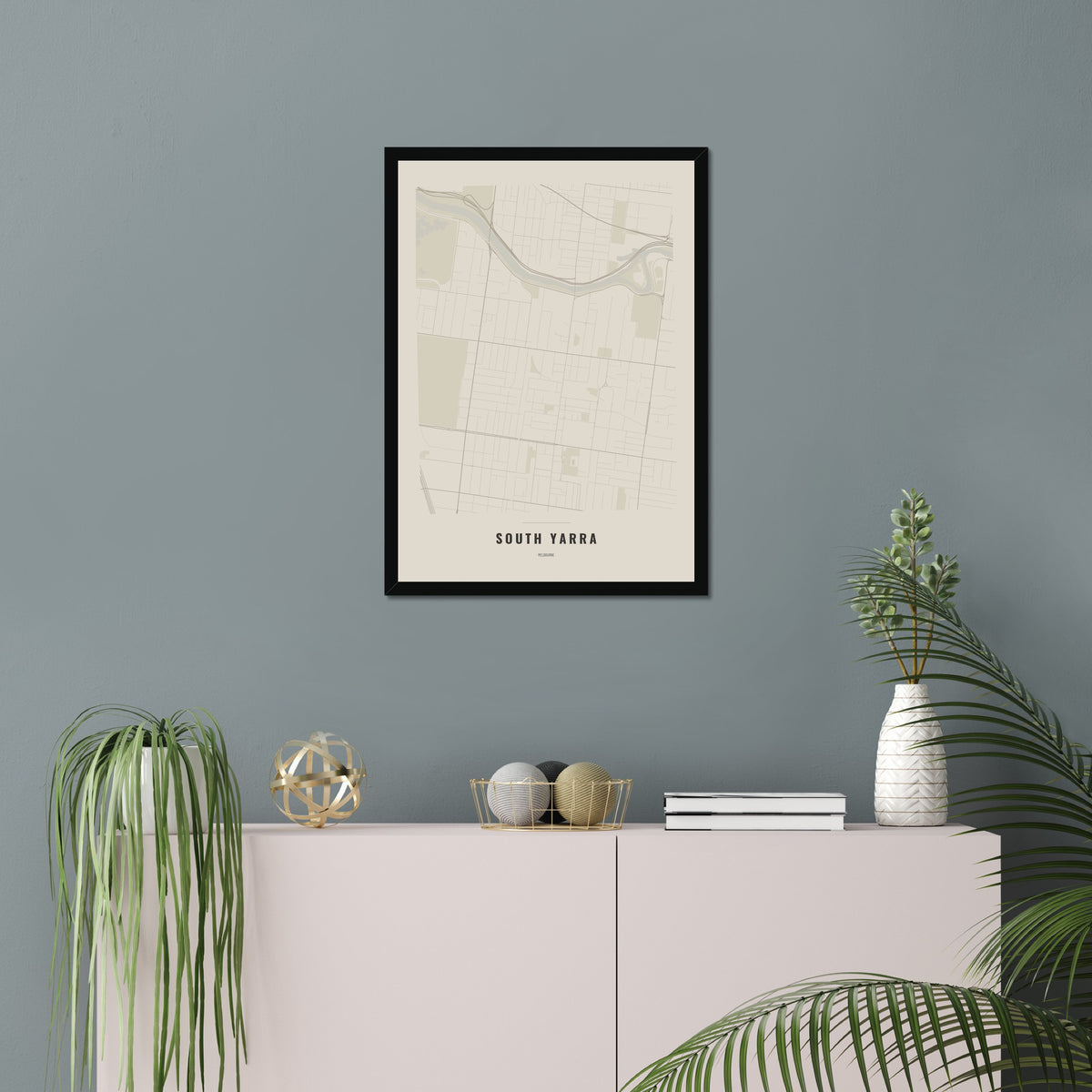 South Yarra Map poster in a black frame in a living room