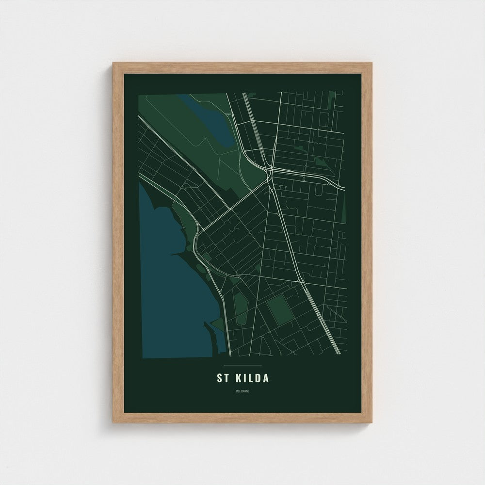 St Kilda Map poster in a natural wood frame