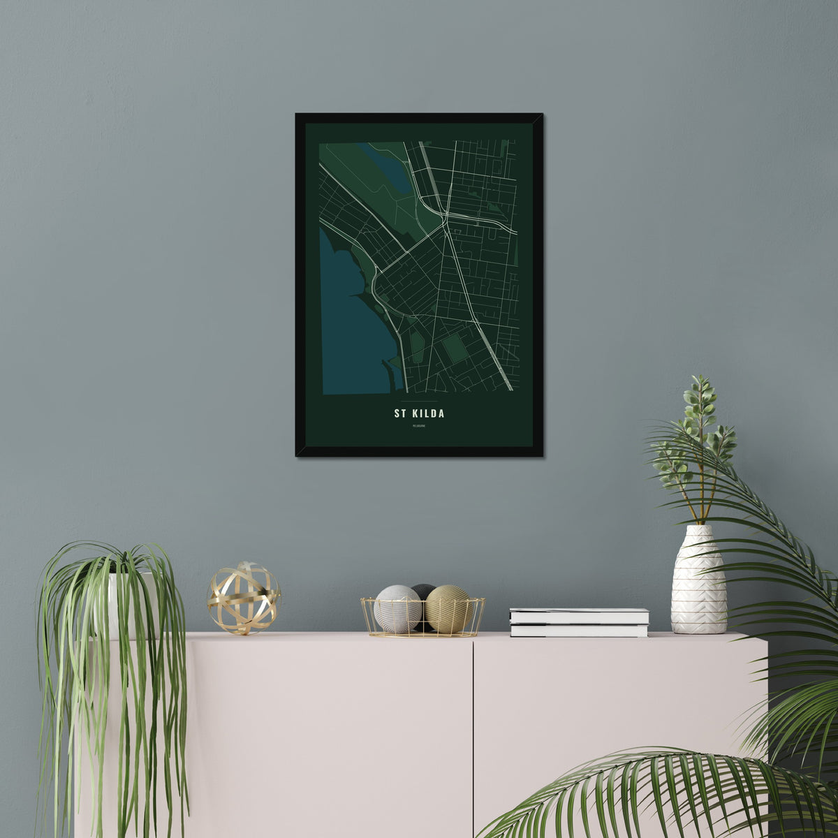 St Kilda Map poster in a black frame in a living room