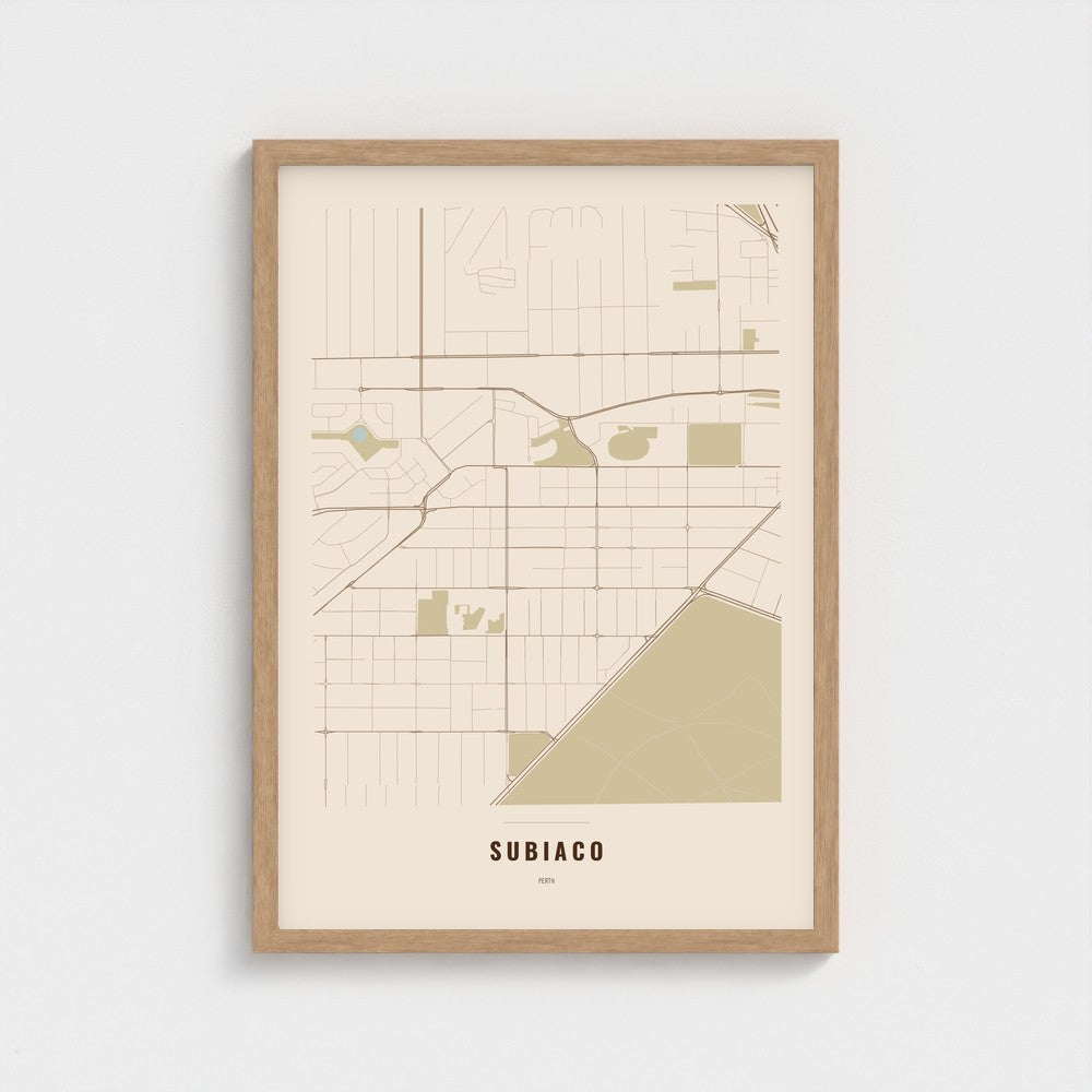 Subiaco Map poster in a natural wood frame