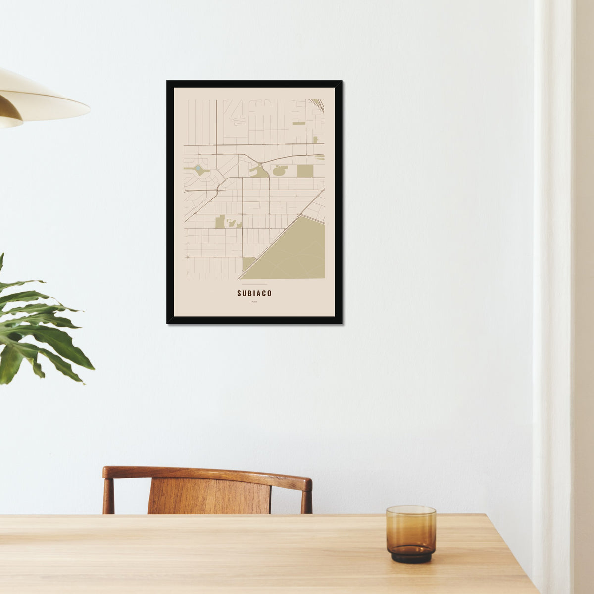 Subiaco Map poster in a black frame on a dining room wall