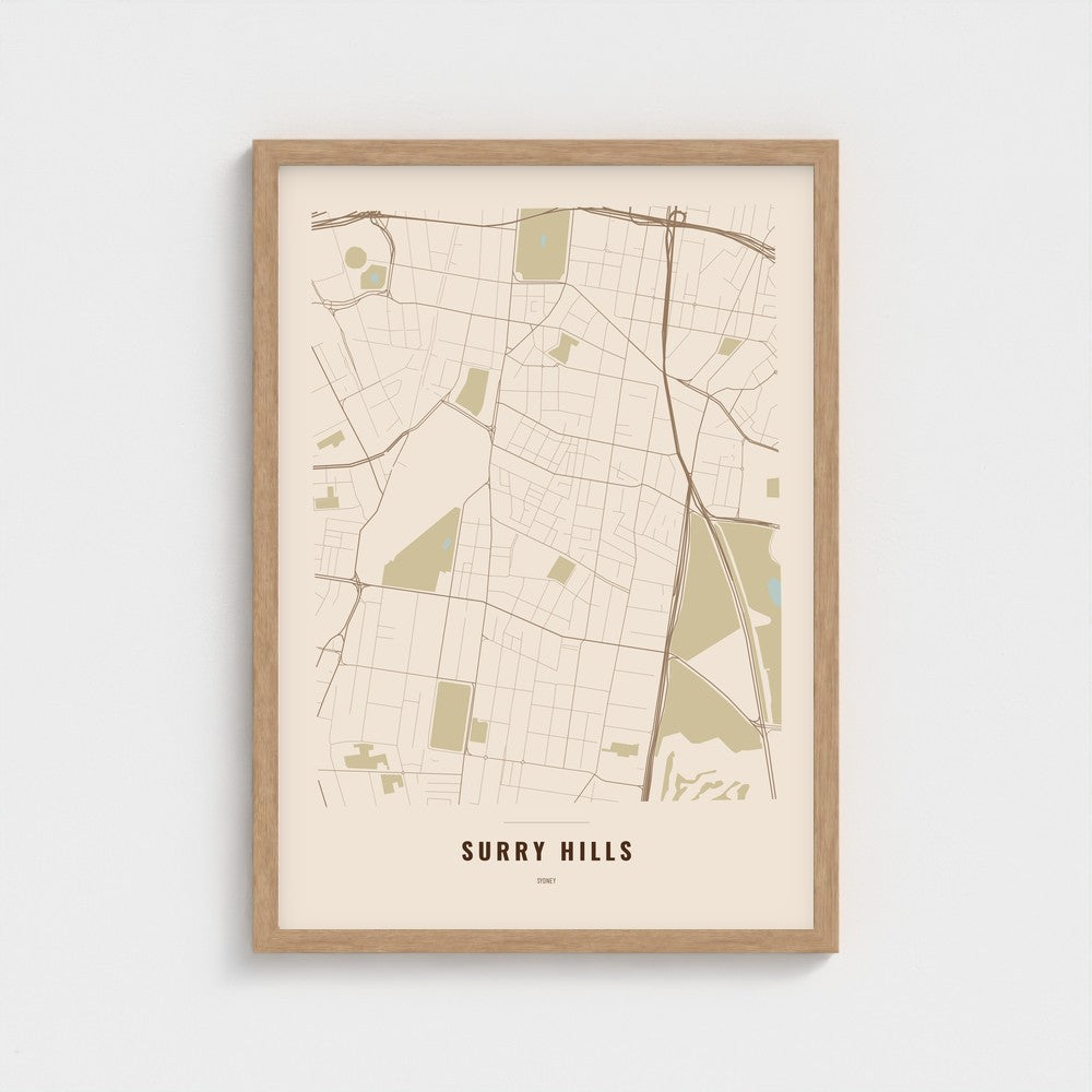 Surry Hills Map poster in a natural wood frame