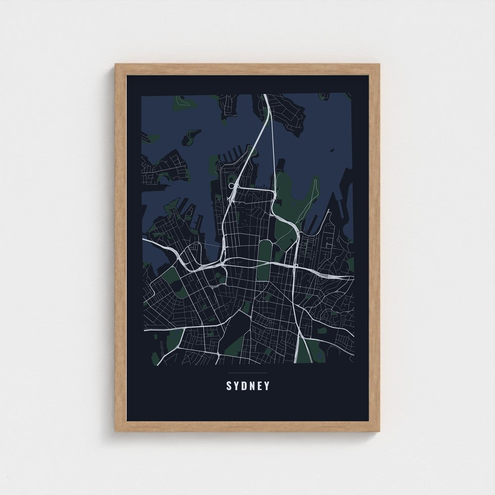Sydney City Map poster in a natural wood frame