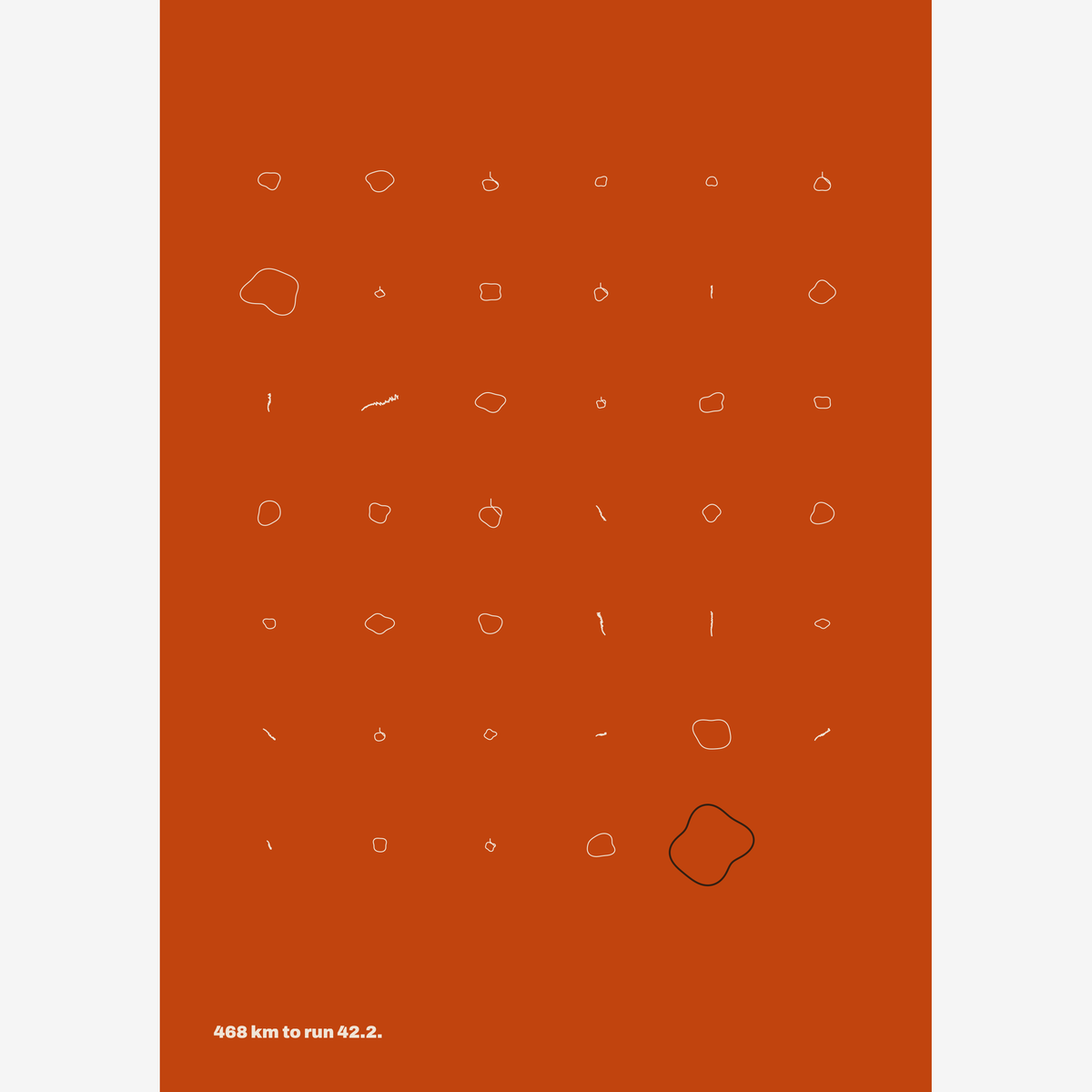 Example Training Block poster: every run in the weeks before a marathon drawn as a small shape on terracotta, the race last and larger