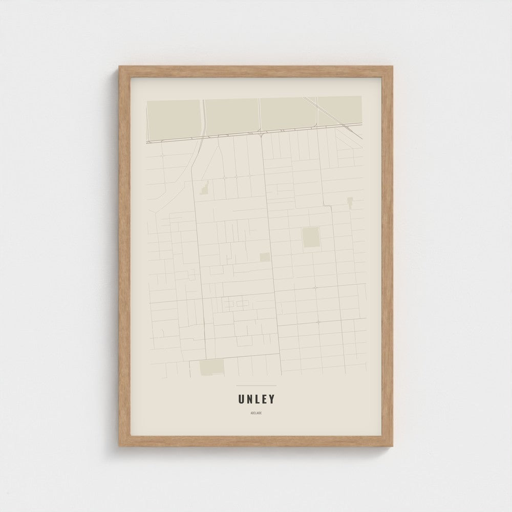 Unley Map poster in a natural wood frame