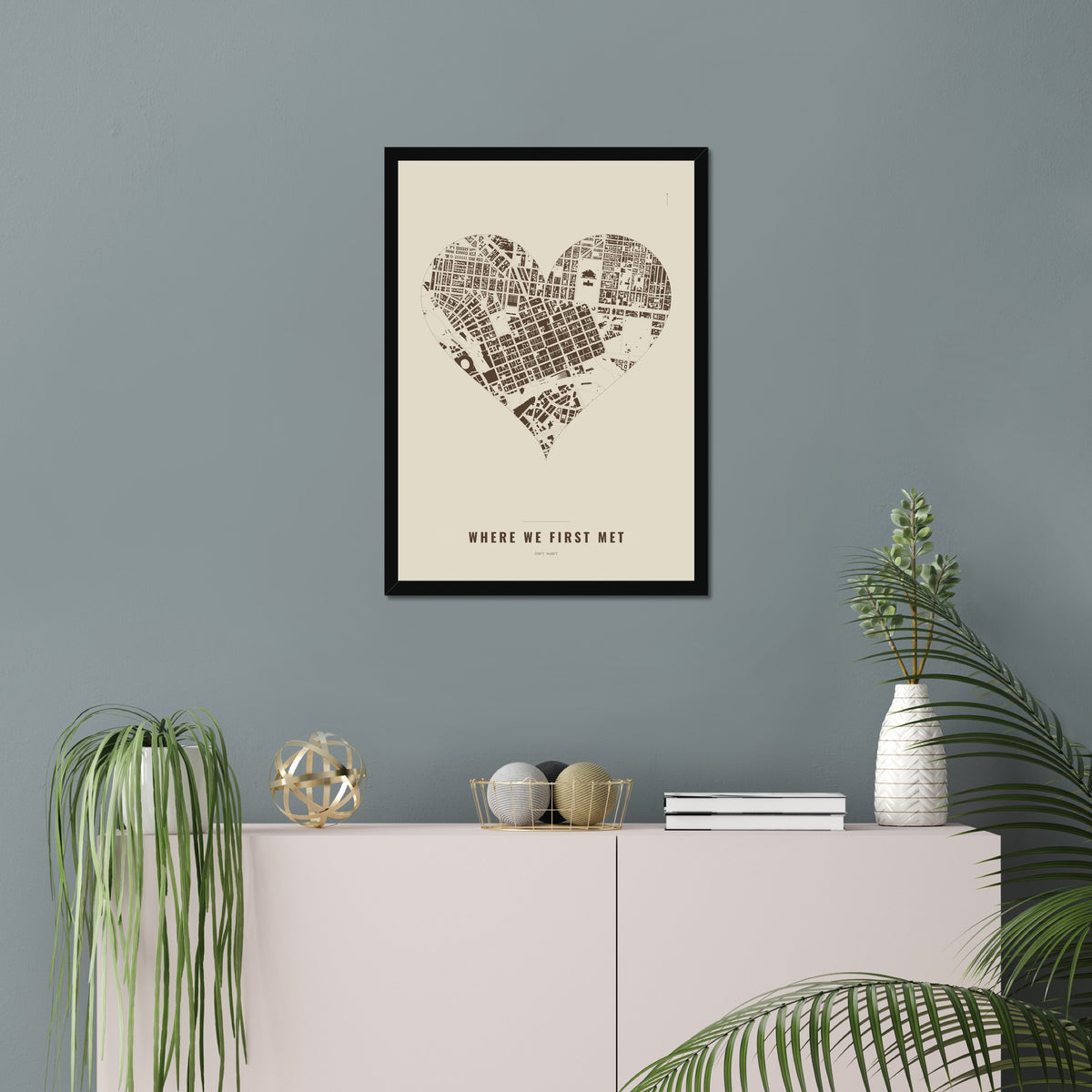 Example where we first met poster in a black frame in a living room