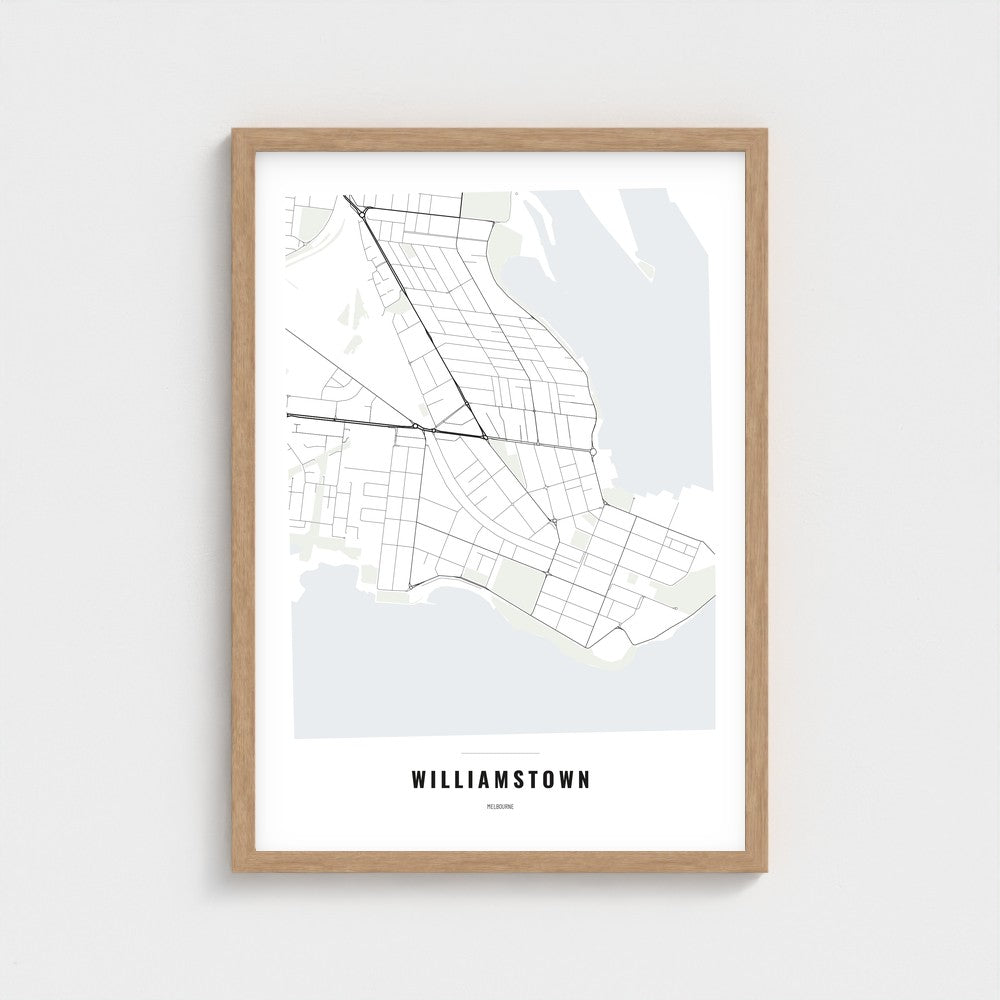 Williamstown Map poster in a natural wood frame