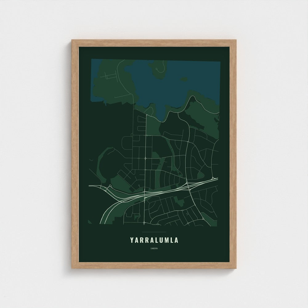 Yarralumla Map poster in a natural wood frame