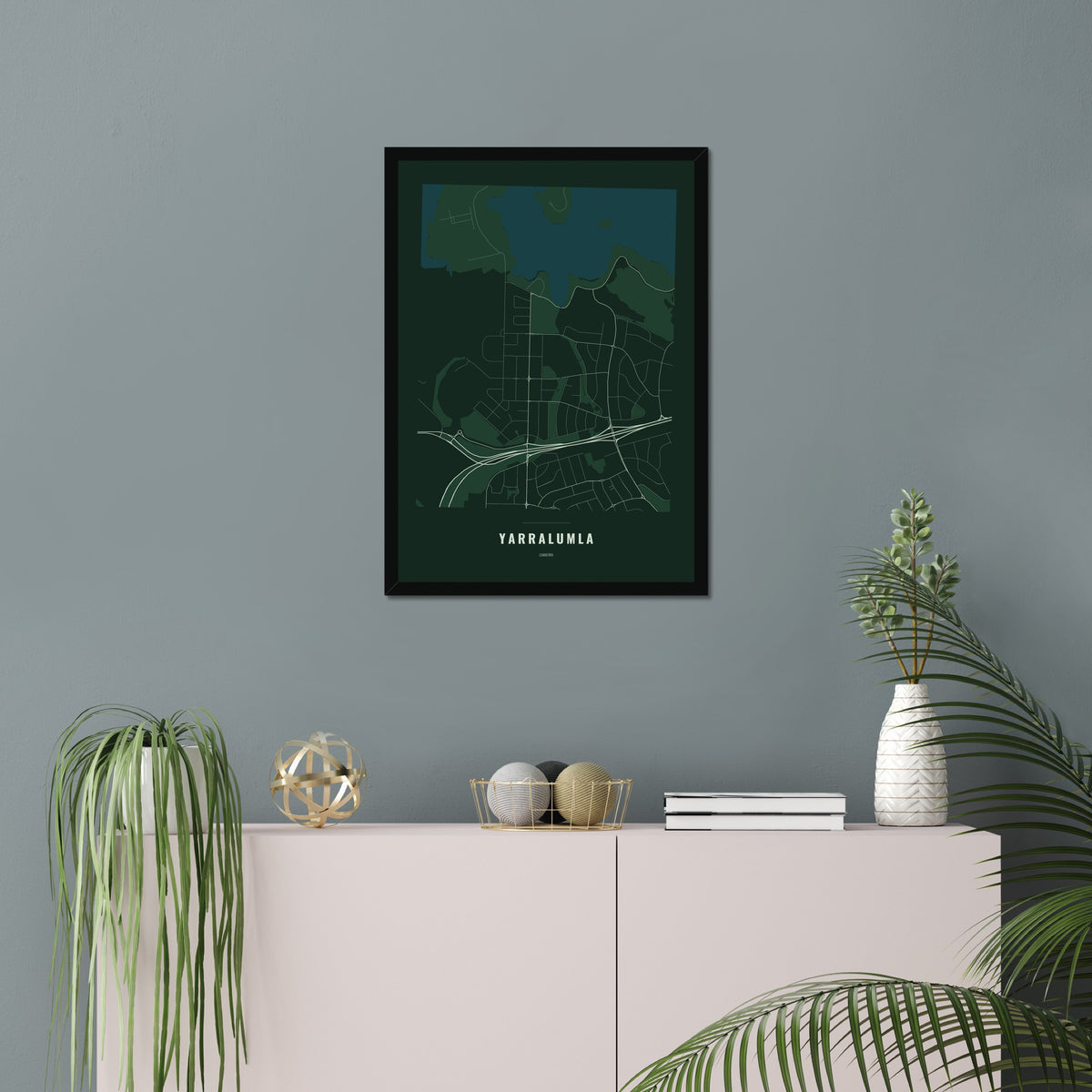 Yarralumla Map poster in a black frame in a living room