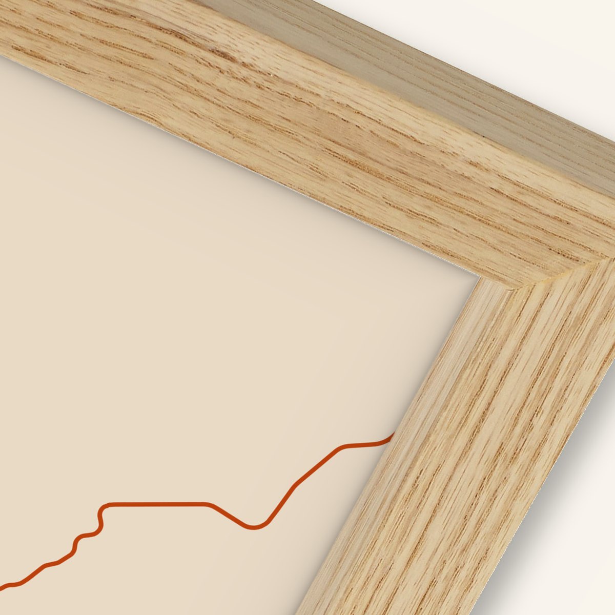 Corner of a natural timber frame holding a route poster, with no mount