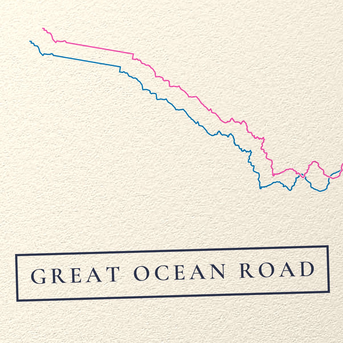 Close-up of a route printed twice in pink and blue inks above a stamped title box, on cream art paper