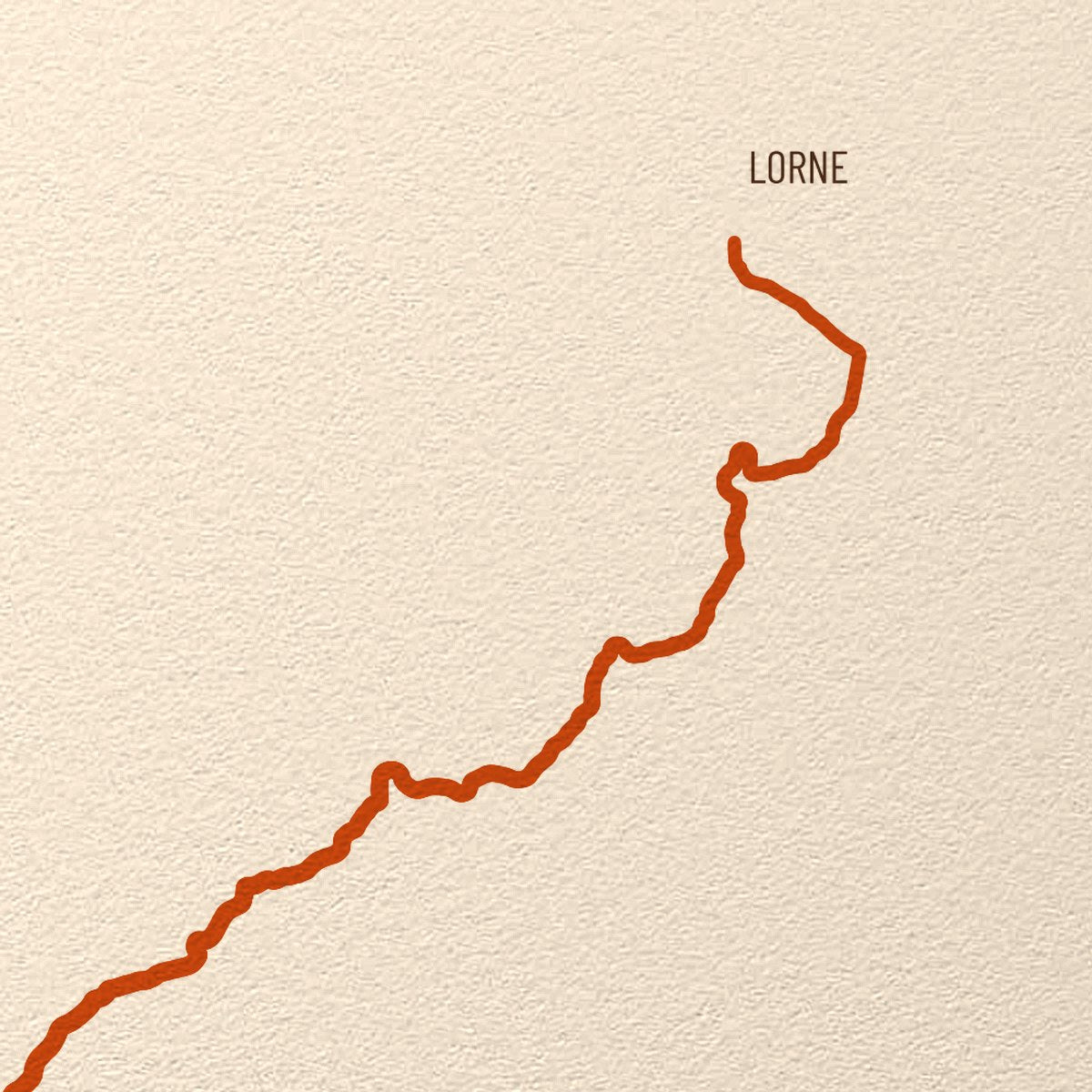 Close-up of a terracotta route line and its town label printed on matte art paper